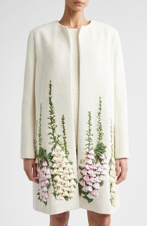 Oscar De La Renta Foxgloves Embroidered Cotton & Wool Blend Jacket in Ivory at Nordstrom, Size 6