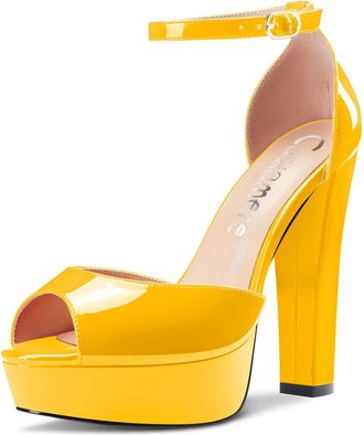 Castamere Women Chunky Block High Heel Platform Peep Open Toe Sandals Ankle Strap Two-Piece Wedding 13 CM Heels Pumps Court Shoe Yellow 7 UK