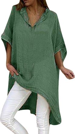 Generic Olive Green Oversized Linen Shirt UK 22/24 | Long Sleeve V-Neck Party Tops | Floaty Summer Blouses & Evening Resort Wear