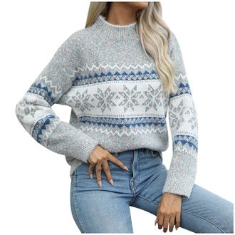 Generic Jumpers for Women UK, Ladies Sweaters Turtle Neck Fairisle Chunky Pullover Autumn Winter Warm Long Sleeve Knitted Comfy Christmas Tops Grey
