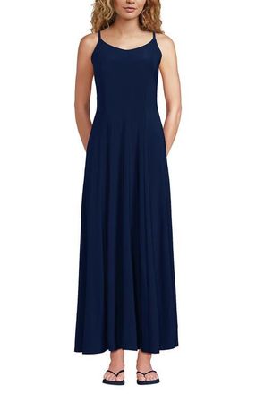 Lands End Silky Knit Godet Maxi Dress in Deep Sea Navy at Nordstrom, Size Large
