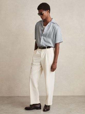 Reiss Blue Monogram-print Cuban-collar Shirt, XL