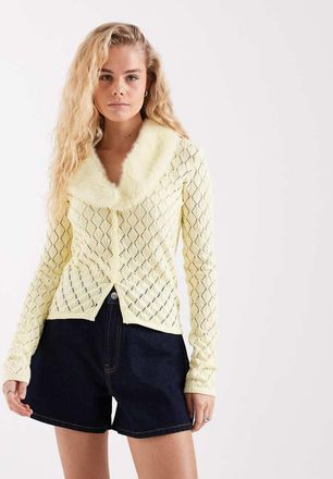 House of Sunny Peggy - Cardigan giallo burro con colletto in pelliccia sintetica rimovibile