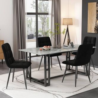 Merax Set of 4 Velvet Upholstered Dining Chairs with Metal Legs in Black