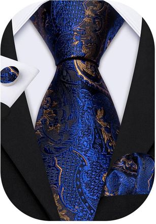 Barry.Wang Man Tie Set Paisley Pocket Square Cufflinks Silk Necktie Wedding Business Blue