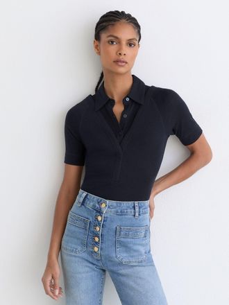 Reiss Navy Collar-insert Jersey-knit Top With Wool, S