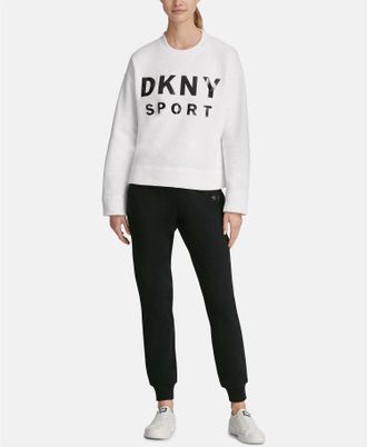 DKNY Lacquer Logo Fleece Top In White/black