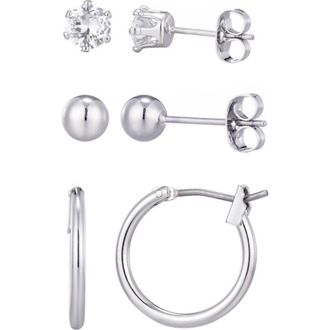 Adornia Set of 3 Assorted Studs and Hoop Earrings in Silver at Nordstrom Rack
