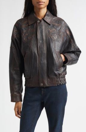 Golden Goose Journey Floral Embroidered Oversize Leather Bomber Jacket in Port Royale at Nordstrom, Size 0 Us
