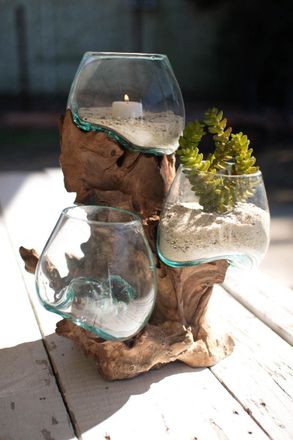 Kalalou Three Blown Glass Bowls On A Driftwood Base