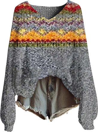 Generic Womens Plus Size Jumpers Icelandic Fair Isle Vintage V Neck Knit Jumpers for Women UK Nordic Ladies Jumper Casual Loose Long Sleeve Womens Sweatshirt 