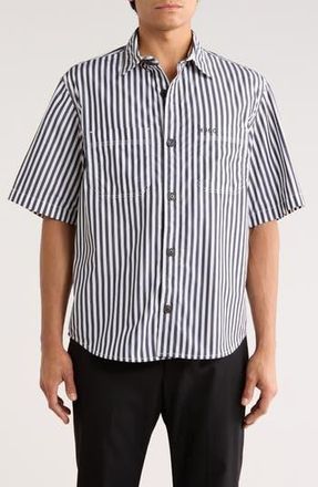 BOSS Eratino Stripe Short Sleeve Button-Up Shirt in Dark Blue at Nordstrom Rack, Size X-Large