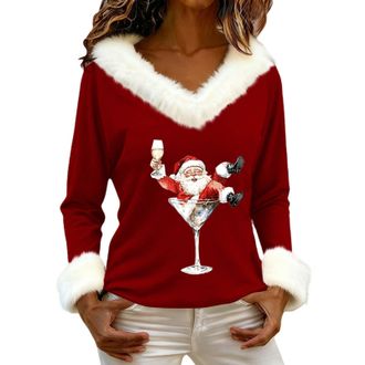 Generic Womens Christmas V Neck Faux Fur Sweatshirts, Xmas Santa Printed Plush Collar Long Sleeves Christmas Clothes 2025 Winter Casual Comfy Warm Blouses Hol