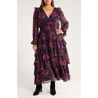 Treasure & Bond Tiered Ruffle Faux Wrap Maxi Dress in Black-Pink Painterly Medallion at Nordstrom Rack, Size 3X