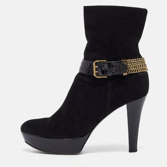 Casadei Black Suede Buckle Chain Embellished Platform Ankle Boots