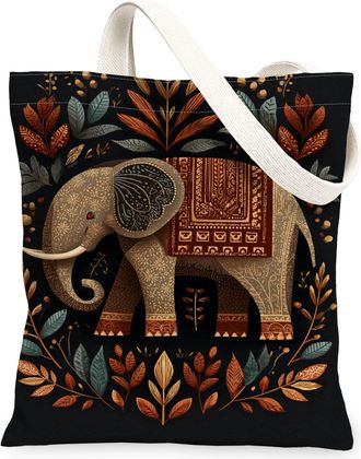 Generic Elephant Floral Canvas Tote Bags, Nature Inspired Animal Design Reusable Bags, Autumn Vintage Lightweight Washable Shoulder, Black, 13x15 Inch