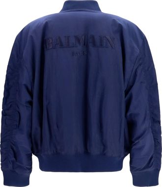 Balmain Mens Nylon Bomber Jacket With Embroidered Back Logo Bleu Polyamide Down Coat