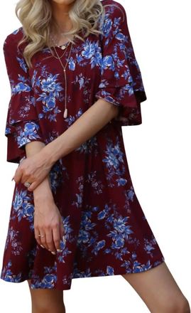 Angie Floral Double Ruffle Sleeve Dress In Plum