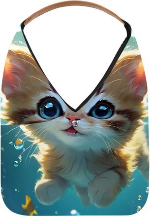 Generic Lovely Cat Swims Underwater Reusable Lightweight Grocery Bags - Foldable Into Compact Pouch, Washable & Sturdy, Multipurpose for Shopping and Travel