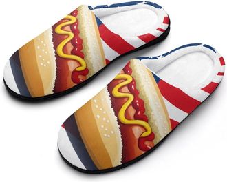 Generic Hot Dog U.S. Flag Cotton Slippers for Women Indoor Outdoor Slipper Slip-On Memory Foam Home Shoes