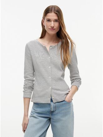 Tommy Hilfiger Womens Striped Pointelle Cardigan T-Shirt - White - XXL