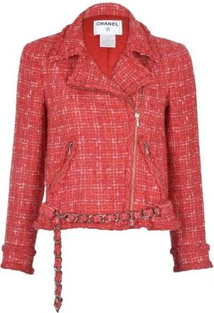 Chanel Red Tweed Biker Jacket with Chain Detail Size S