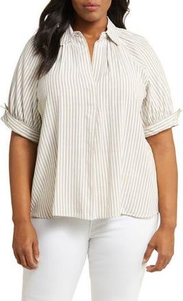 Max Studio Yarn Dye Stripe Short Sleeve Top in Taupe Black Framed Stripe at Nordstrom Rack, Size 1X