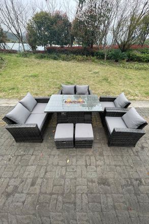 Fimous Rattan Outdoor Furniture Gas Fire Pit Rectangle Dining Table Gas Heater Chairs Sofa 8 Seater in Dark Grey