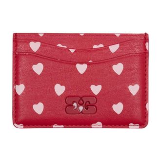 Ganni Womens Heart-Print Calfskin Card Case Red Cases