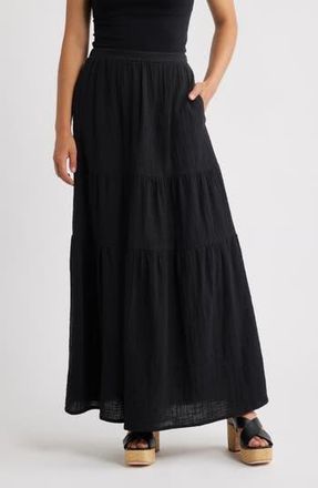Bobeau Tiered Cotton Maxi Skirt in Black at Nordstrom Rack, Size X-Small