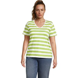 Lands End Supima Cotton V-neck T-Shirt in Ivory/apple Green Bold Stripe at Nordstrom, Size 3X