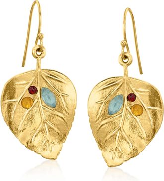 Ross-Simons Multi-Gemstone Leaf Drop Earrings in 18kt Yellow Gold Over Sterling