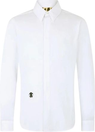Roberto Cavalli Geborduurd katoenen overhemd met slangenmonogram - Heren - Zakelijke Overhemden - Wit - 4XL - Katoen - Overhemden