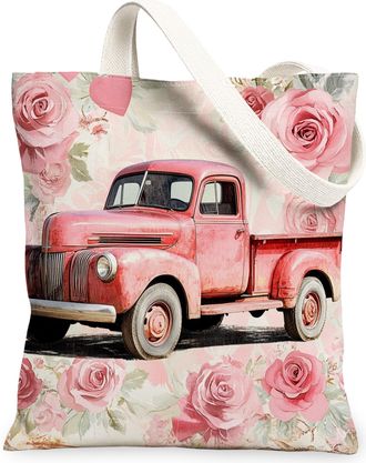 Generic Vintage Floral Canvas Tote Bags, Rose Truck Pattern Reusable Grocery Bags, Spring Elegant Lightweight Washable Shoulder Strap Canvas 13x15 Inch