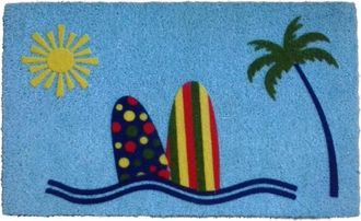 Imports Decor Sunny Beach Coir Door Mat, Surfboard Coconut Fiber Doormat with Palm Tree Design & Non-Slip PVC Backing, Indoor Outdoor Entrance Rug