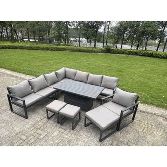 Fimous ALuminum 11-Seater L-Shaped Set with Lifting Table, 3 Stools & Chair in Dark Grey