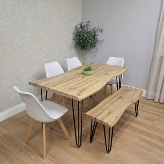 Kosy Koala 140cm Dining Table with 4 White Chairs & Stone Grey Bench in Brown