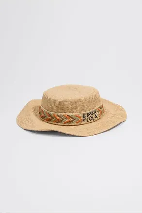 Bimba & Lola Raffia Boater With Embroidered Band in Brown at Nordstrom, Size Medium