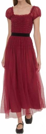 Moon River Polka Dot Tulle Shirred Waist Velvet Midi Dress In Crimson