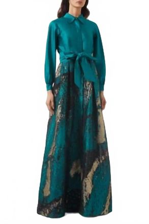 Teri Jon Jacquard Belted Shirt Gown In Emerald Multi