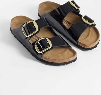 Birkenstock Arizona - Sandali in pelle verniciata neri con fibbie grandi-Nero