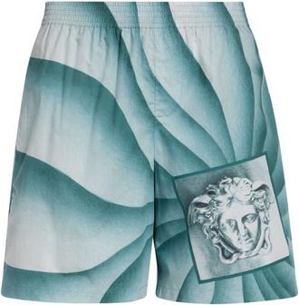 Versace The Vortex Print Cotton Poplin Shorts in 5Ge50-Light Teal at Nordstrom, Size 46