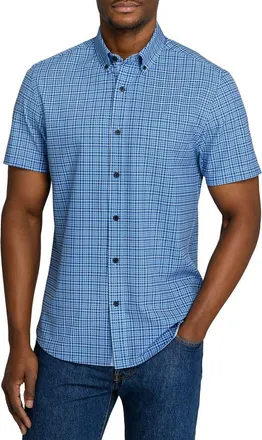 ConStruct Slim Fit Houndstooth Plaid Woven Short Sleeve Basic Shirt in Light Blue/navy at Nordstrom, Size Xx-Large
