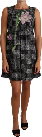 Dolce & Gabbana Houndstooth Floral Appliqu&eacute; Shift Mini-jurk - Dames - Korte kleedjes - Grijs - S - Katoen - Kleedjes