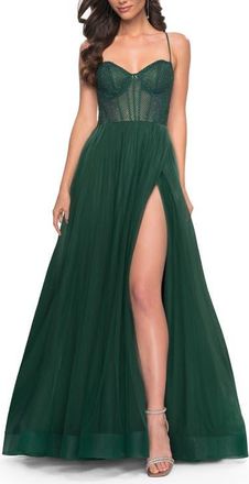 La Femme A-Line Tulle Gown with Rhinestone Fishnet Bodice in Dark Emerald at Nordstrom, Size 00