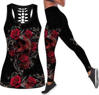 Generic Summer Casual Sweatsuits for Women Skull Printed Tank Tops with Yoga Leggings Jogger Sets Running Activewear 2025