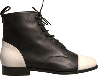 Sergio Rossi Black White Leather Lace Up Flats Ankle Boots Womens Shoes (Pre-Owned)