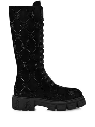 Philipp Plein monogram-embellished suede boots - Black