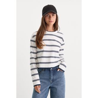 Good American Womens The long Sleeve Shirt Layered T-Shirt | Navy Double Stripe, Size Medium | Good American by Khlo&Egrave; Kardashian