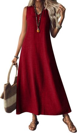 Generic Linen Dresses for Women 2025,V Neck Sleeveless Maxi Dress,Casual Summer Modest Long Flowy Beach Vacation Sun Dresses (Wine red,XXL)